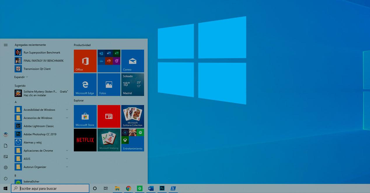 Menú Inicio en Windows 10