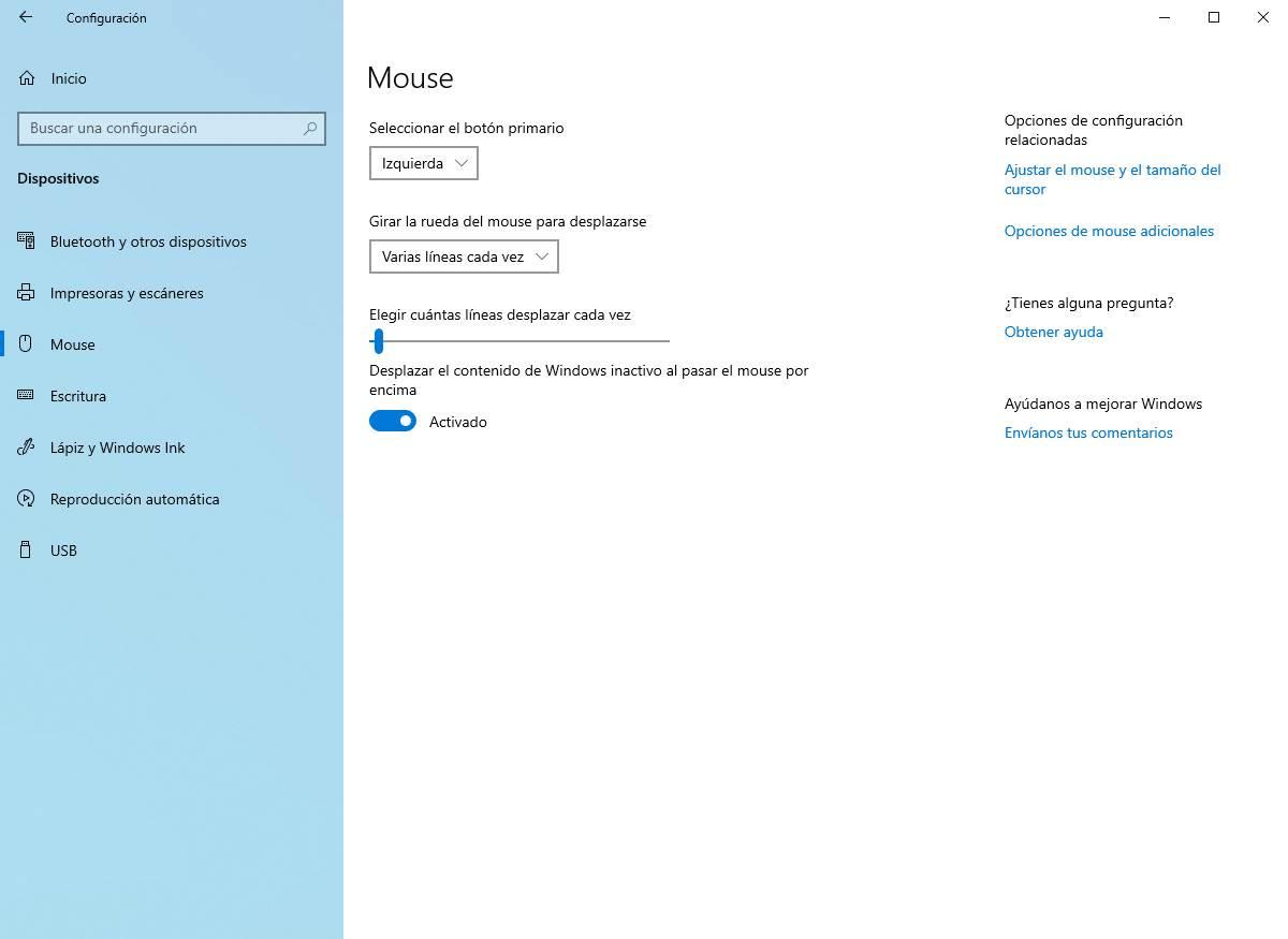 Opciones Mouse Configuración Windows 10