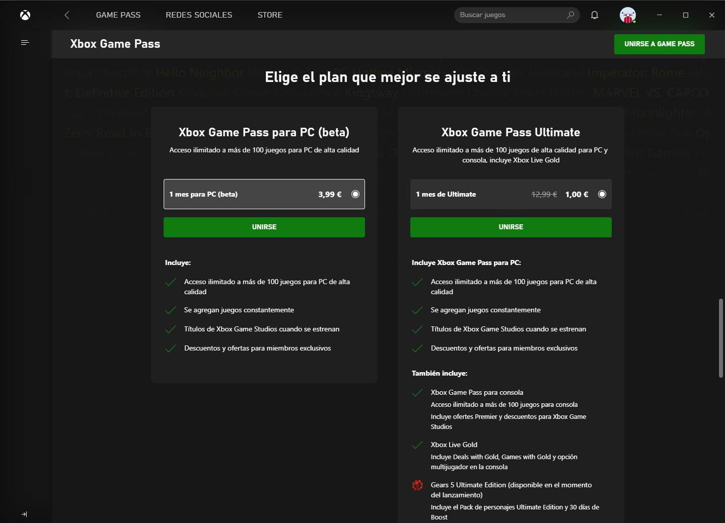 Suscripciones Xbox game Pass para PC