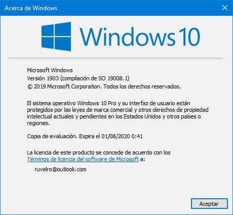 Winver Windows 10 20H1 build 19008