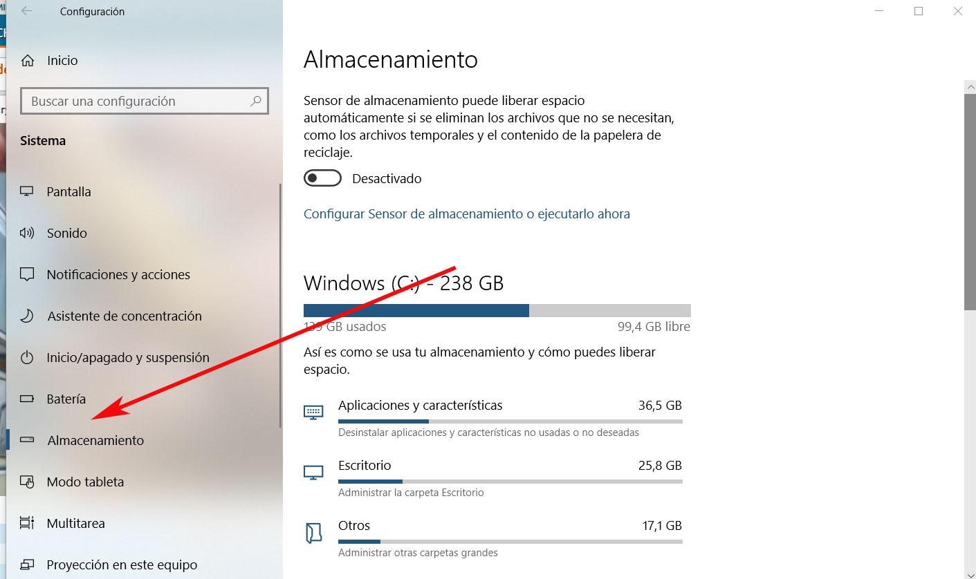 Almacenamiento Windows 10