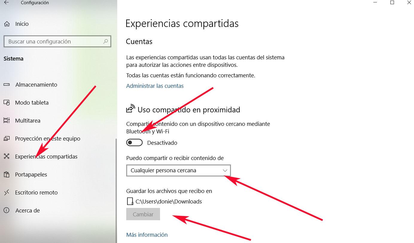 Experiencias compartidas Windows 10