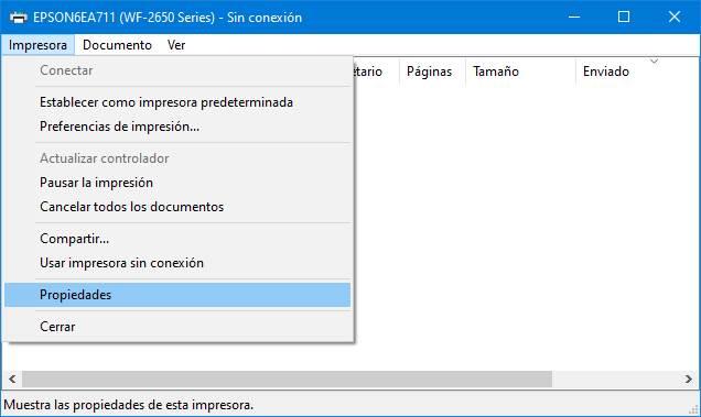 Abrir propiedades de la cola de impresión en Windows 10