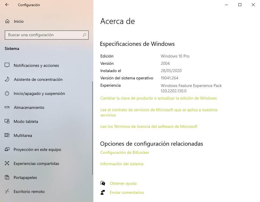 Acerca de versión de Windows 10 instalada