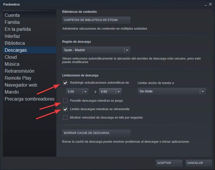 Ajustes Steam - restringir actualizaciones automáticas