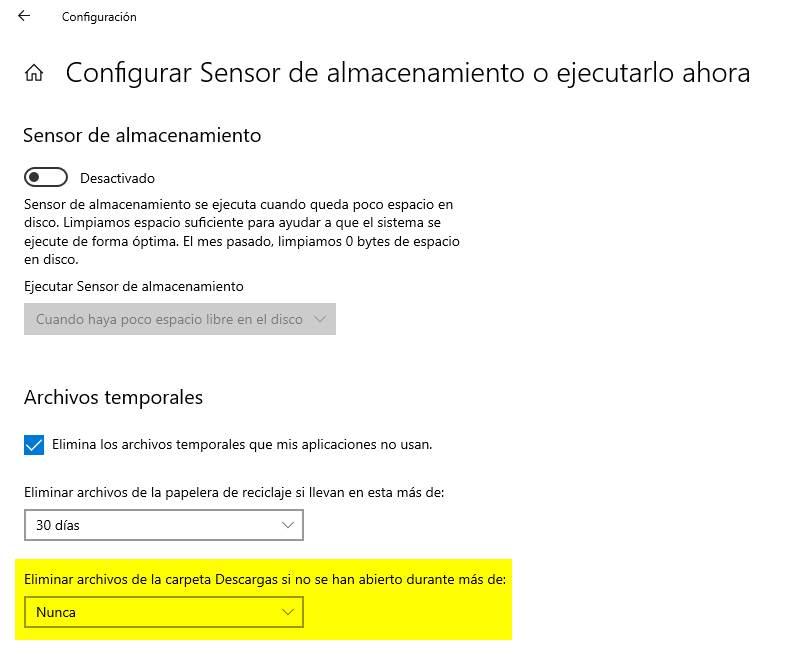 Archivos descargados sensor almacenamiento Windows 10 20H1