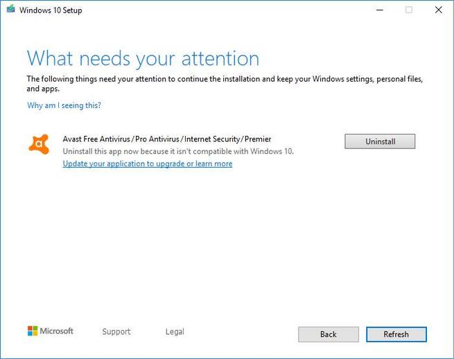 Avast - error actualizar Windows 10