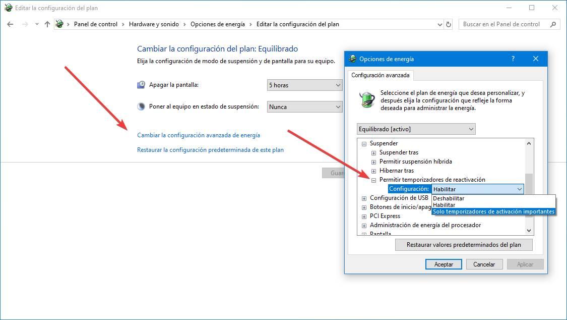 Configuración avanzada de energía Windows 10 - Desactivar temporizadores