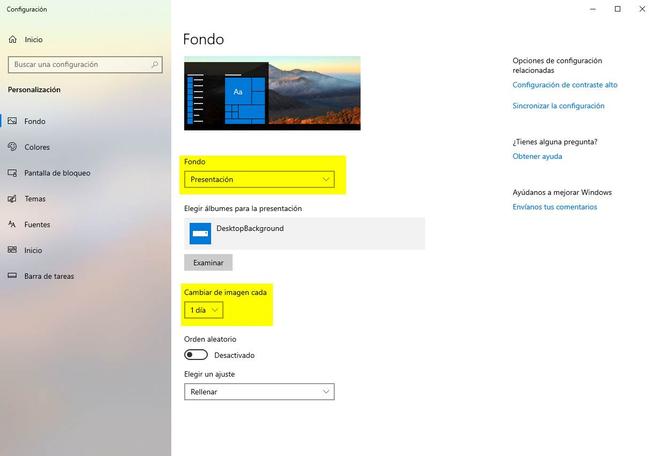 Personalizar presentación fondos de pantalla Windows 10