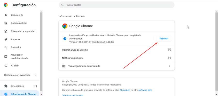 Reiniciar para completar la actualización de Chrome