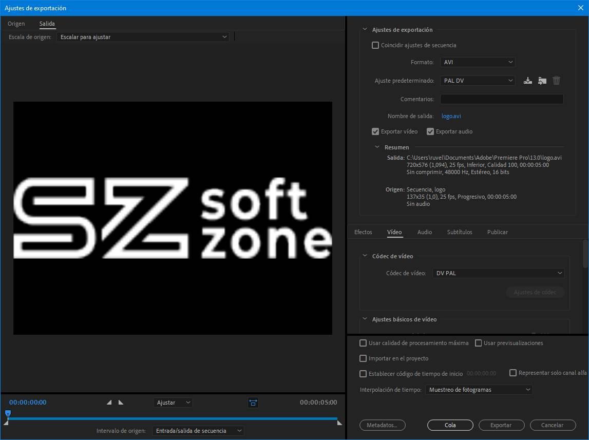 Ventana de configuración para exportar vídeo en Adobe Premiere