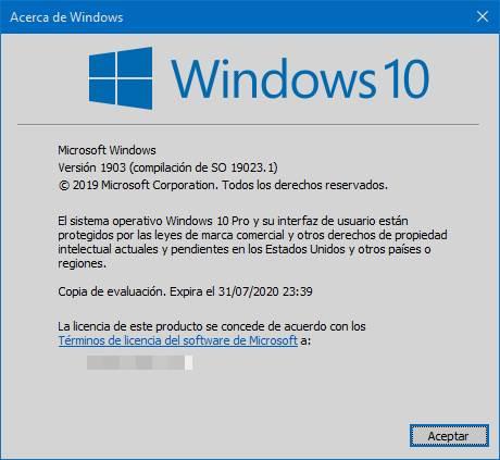 Winver Windows 10 20H1 Build 19023