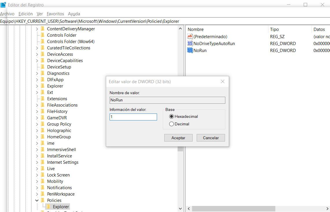 Windows 10 registro cuadro ejecutar