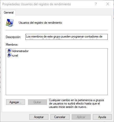 usuarios dentro del grupo de usuarios de registro de rendimiento en Windows 10