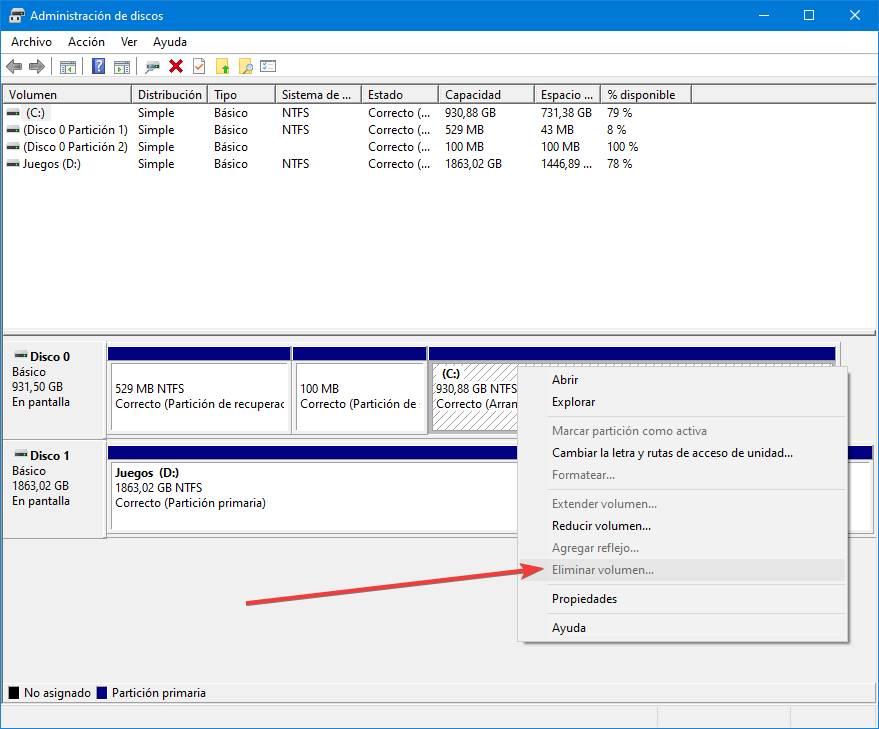 Administrador de discos de Windows 10 - Eliminar partición