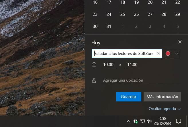 Crear evento o recordatorio en Windows 10