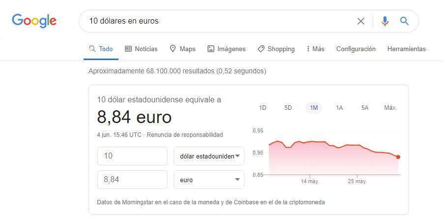 Dólares a euros desde Google
