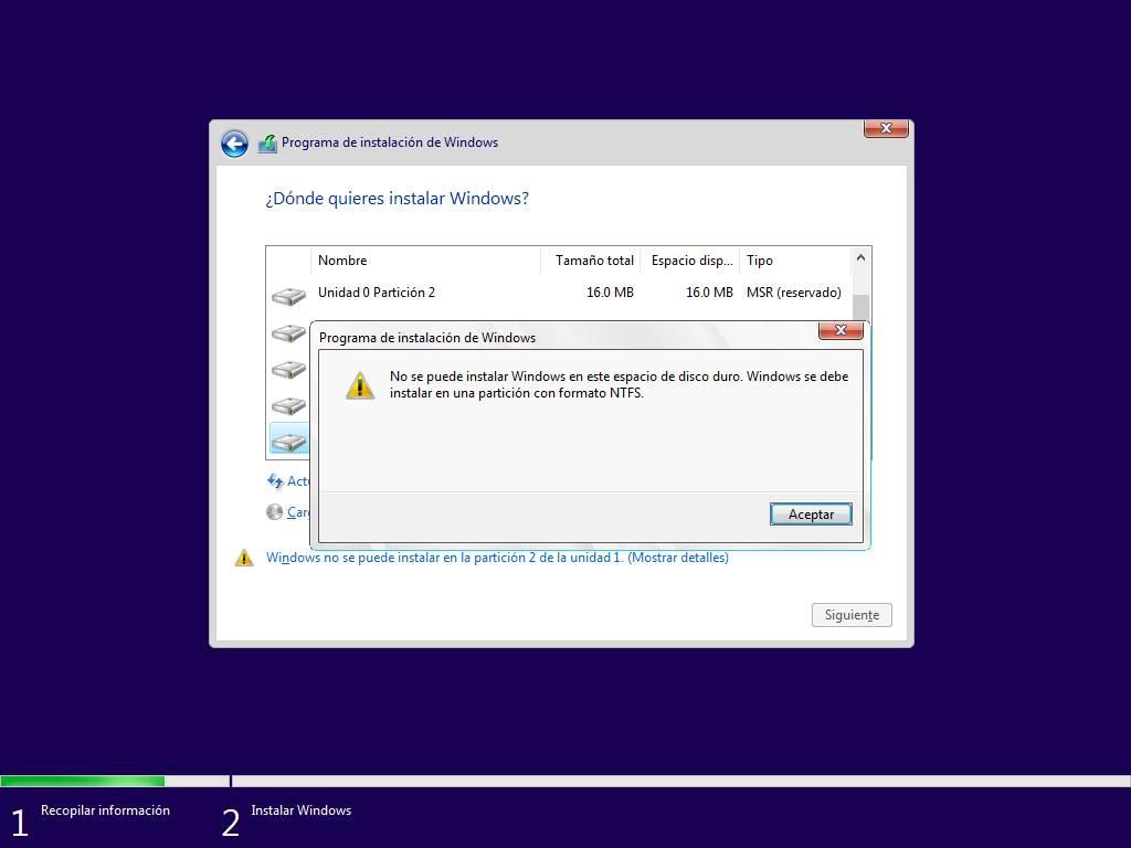 Error instalar Windows 10 en partición no NTFS