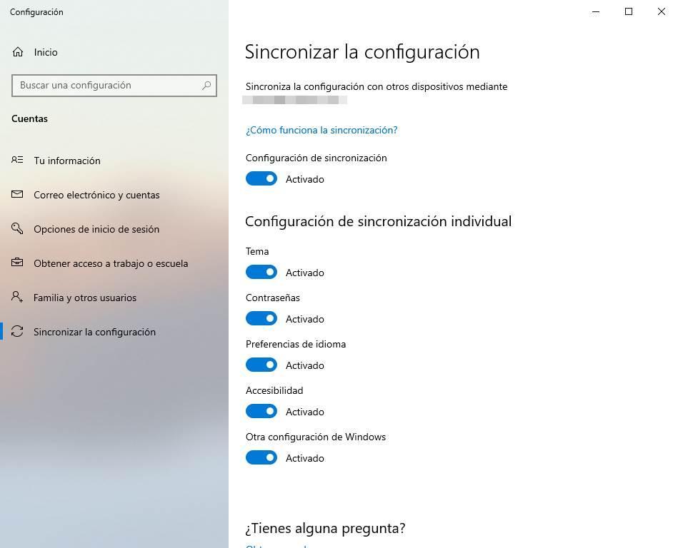 Personalizar sincronización Windows 10