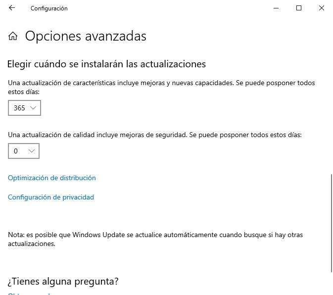 Posponer actualización de características de Windows 10