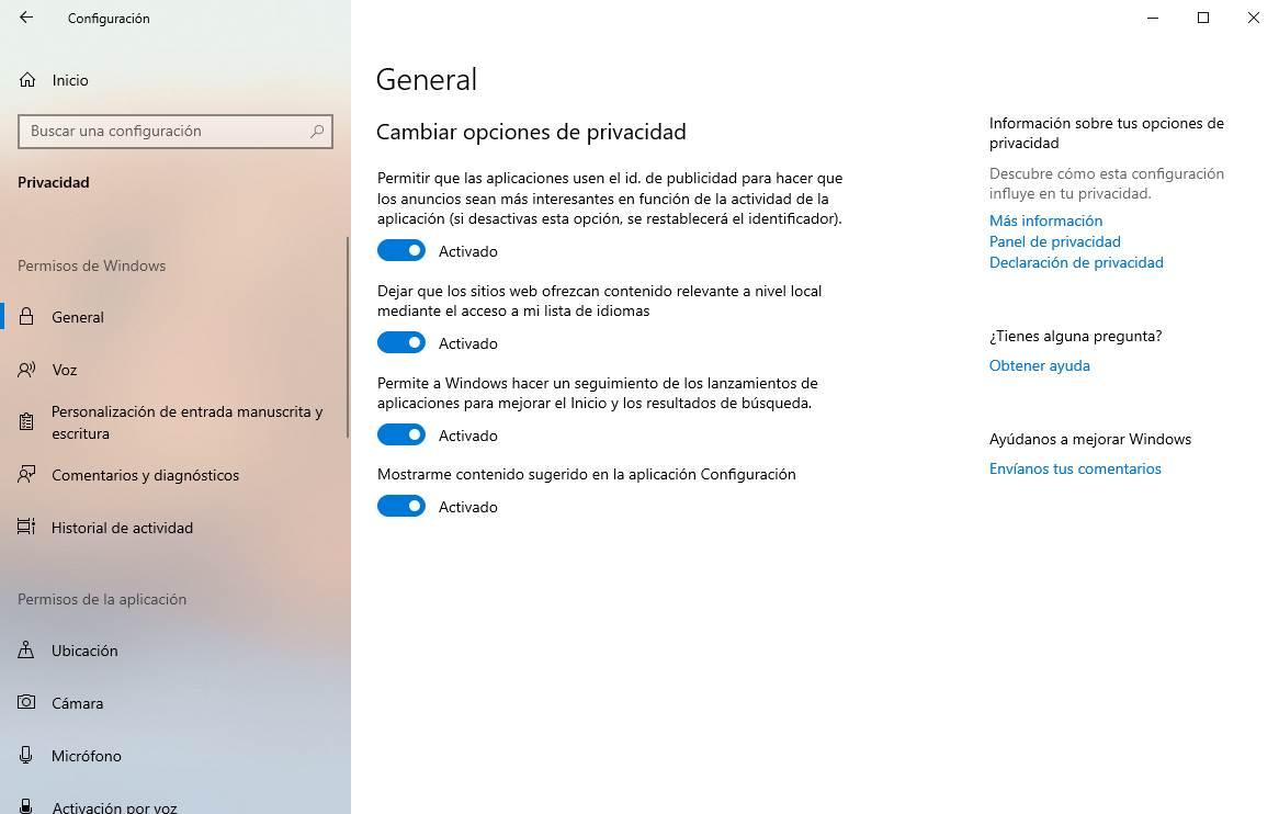 Windows 10 - Opciones de privacidad