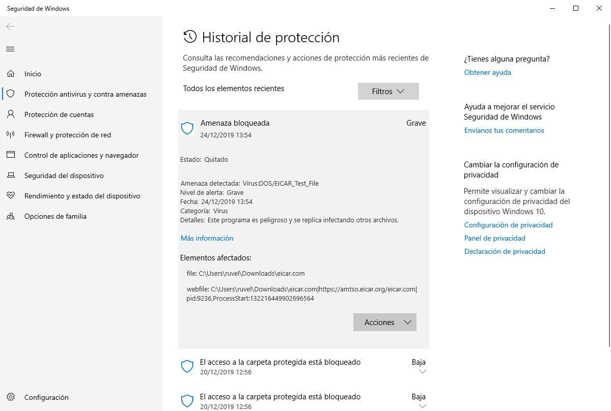 Windows Defender - virus de prueba detectado