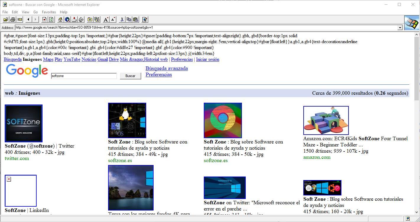 Internet Explorer 2.0 y Google Images funcionando en Windows 10