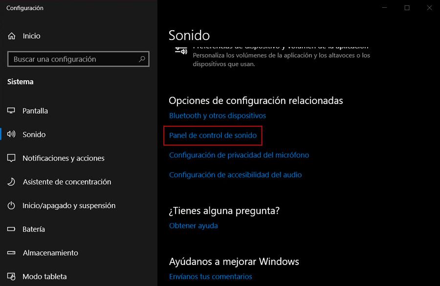 Imagen del panel de control para los sonidos de Windows 7 en Windows 10.