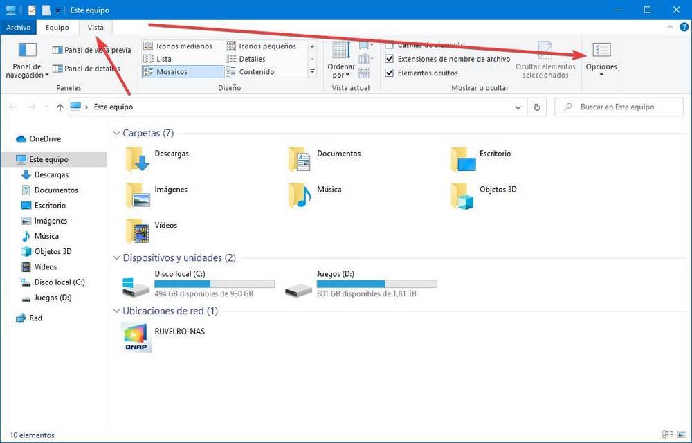 Abrir menú opciones explorador archivos Windows