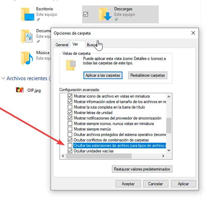 Ocultar las extensiones de archivo para tipos de archivos conocidos en Windows 10