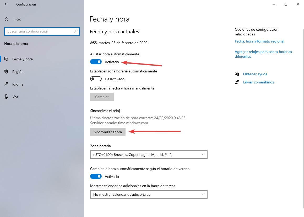 Sincronizar hora Windows 10