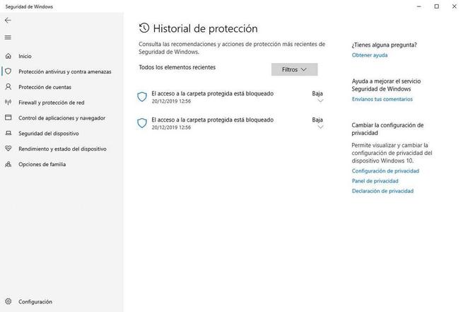 Windows Defender - historial de protección