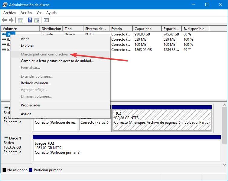 Administrador de discos de Windows 10 - Partición como activa