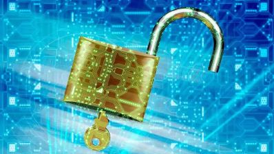 candado abierto sobre un fondo azul simbolizando la seguridad de las contraseñas