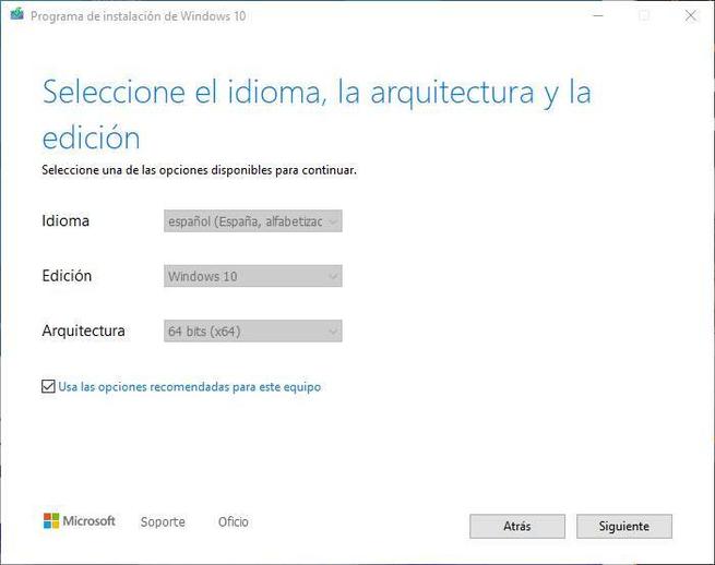 Crear USB voor installatie van Windows 10 - Elegir idioma, arquitectura en edición
