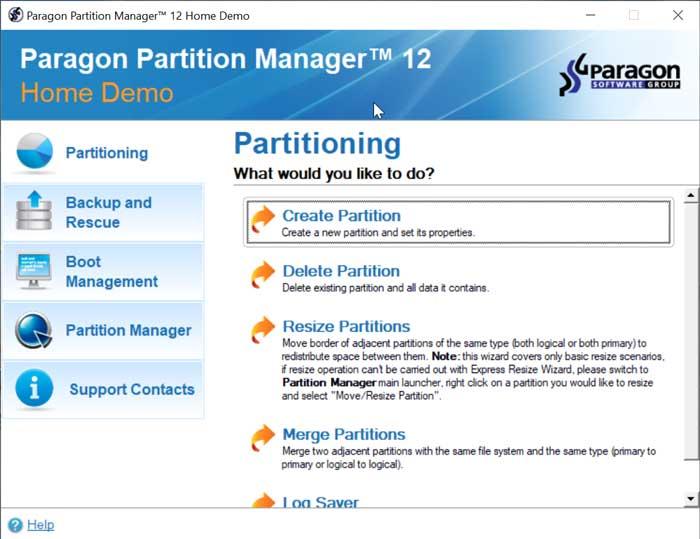 Paragon Partition Manager menú principal