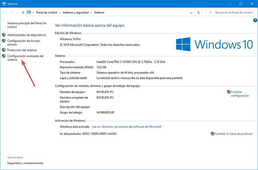 Ventana de información PC Windows 10 - Acceder a configuración avanzada