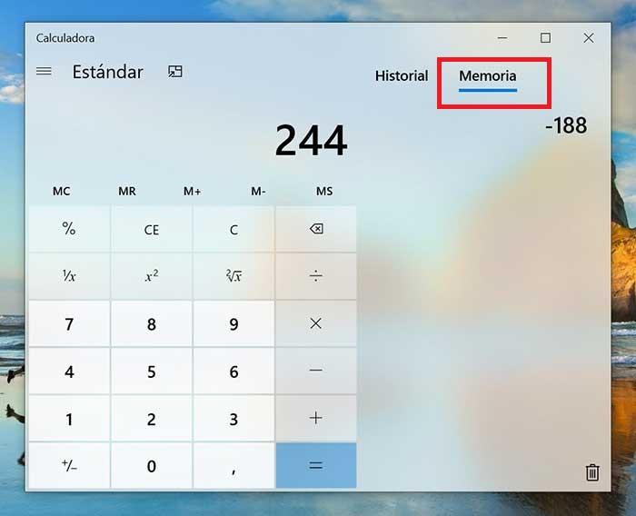 Memoria de la calculadora de Windows 10