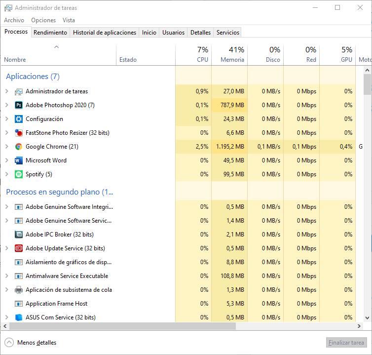 Administrador tareas Windows 10 - procesos