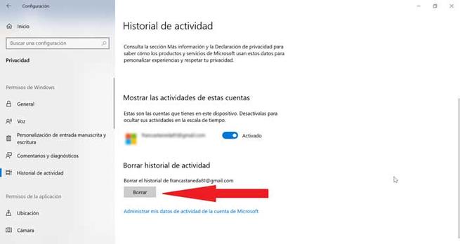 Borrar historial de actividad dans Windows 10
