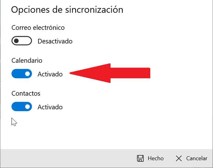 Calendario de Windows 10 desactivar