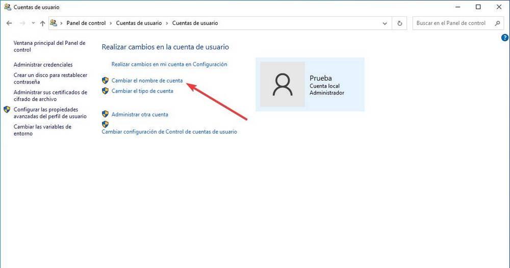 Cambiar nombre a usuario en Windows 10 desde panel de control