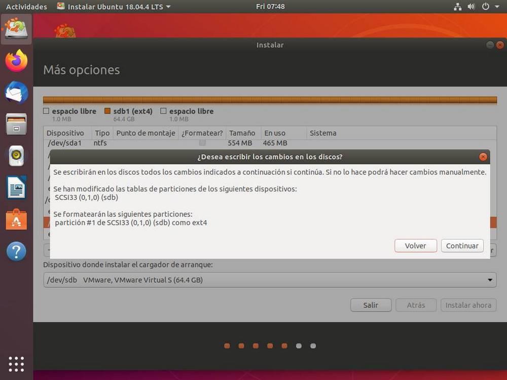 Confirmar particiones para instalar Ubuntu