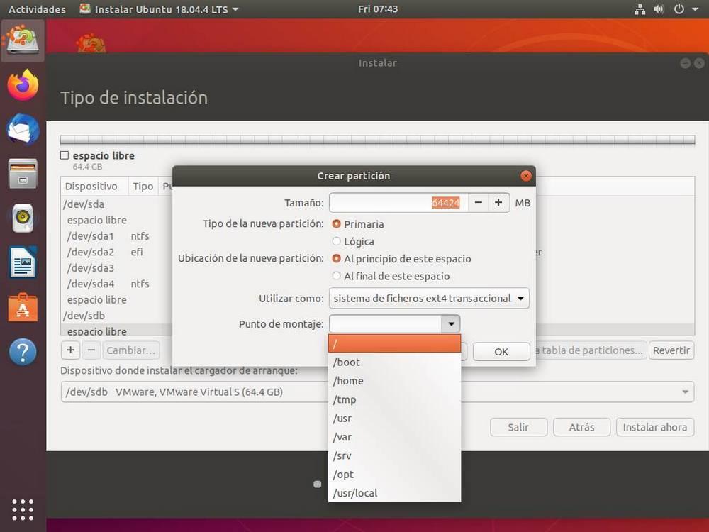 Crear nueva partición Ubuntu