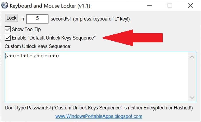 Keyboard and Mouse Locker casilla para mantener la secuencia de bloqueo activa