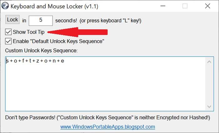 Keyboard and Mouse Locker, casilla de show tool tip