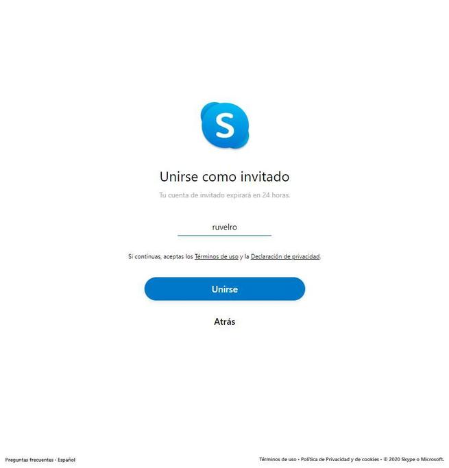 Unirse a sala de chat de Skype por enlace - Elegir nick