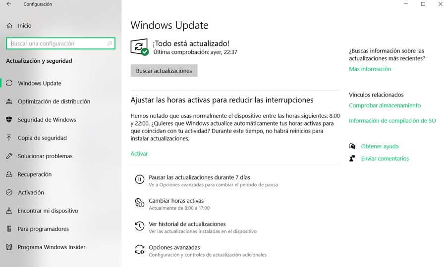 Actualización y seguridad configuración Windows
