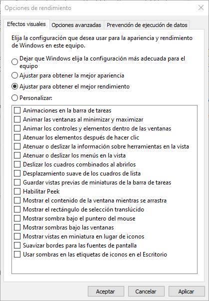 Ajustar rendimiento de Windows 10