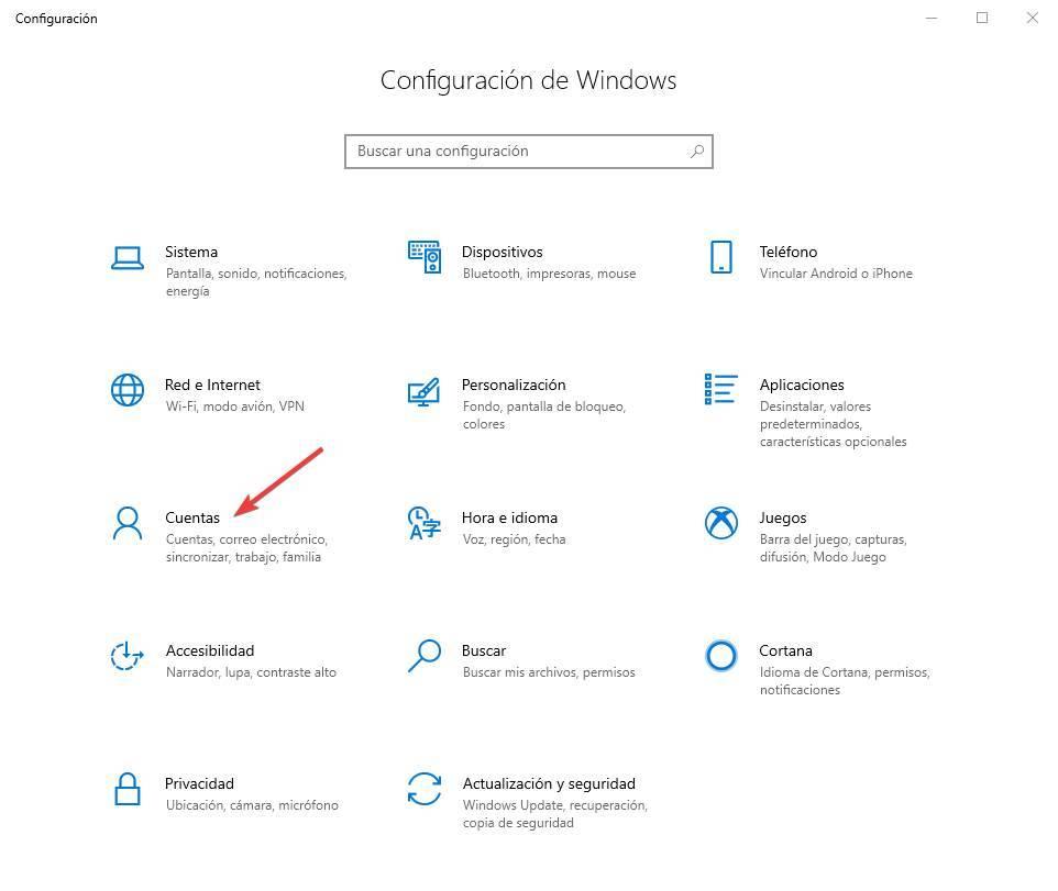 Конфигурация Cuentas Windows 10